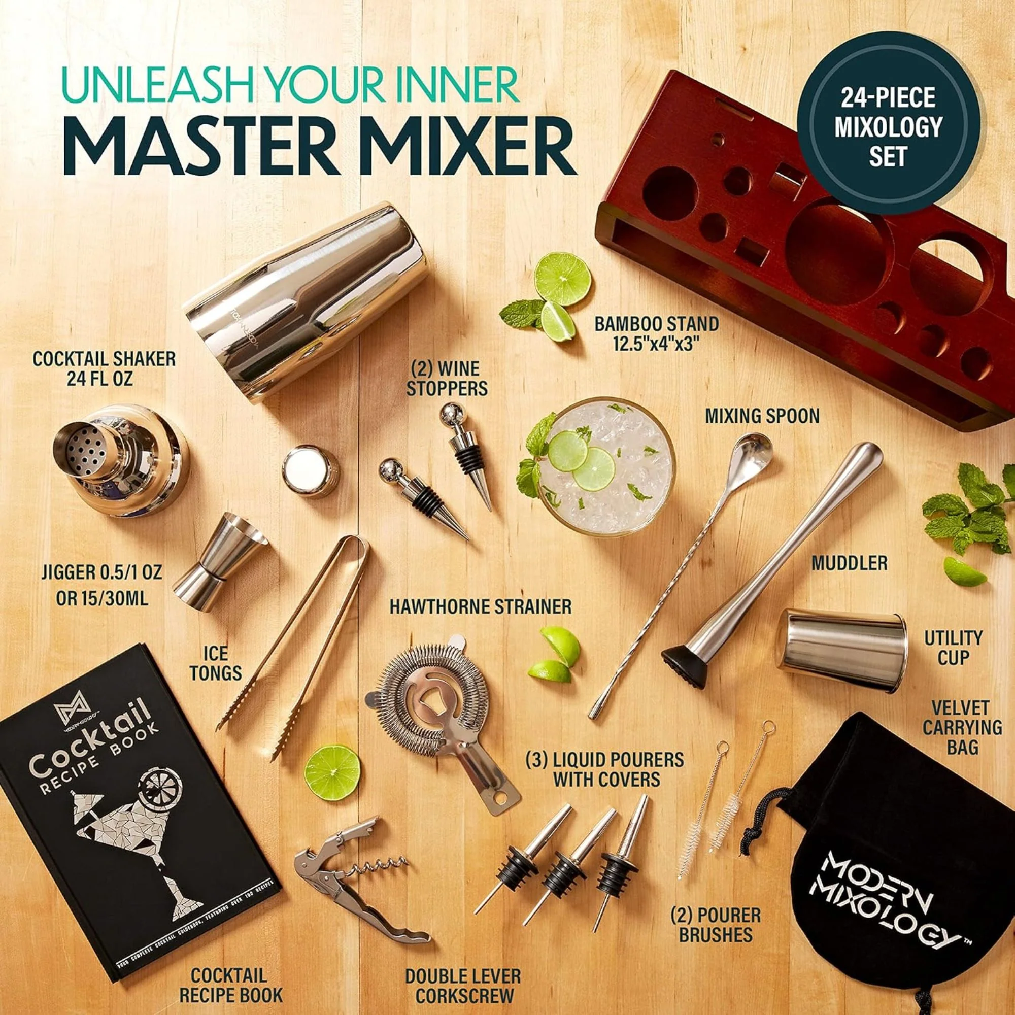 24-Piece Bartender Kit | Dark Wood Stand - Image 3