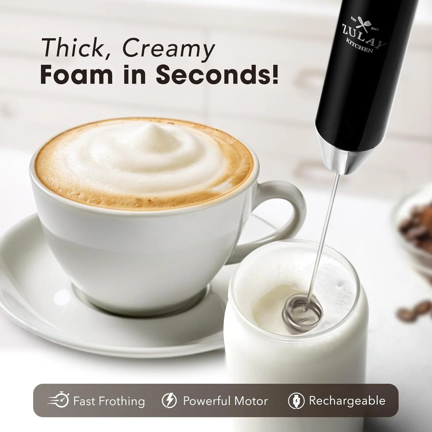 LUX™ Handheld Milk Frother – Rechargeable, 4 Whisks - Image 4